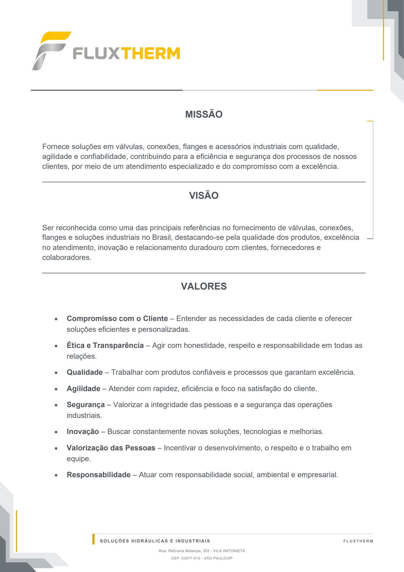 Pré-visualização do documento Missão, Visão e Valores da FluxTHERM