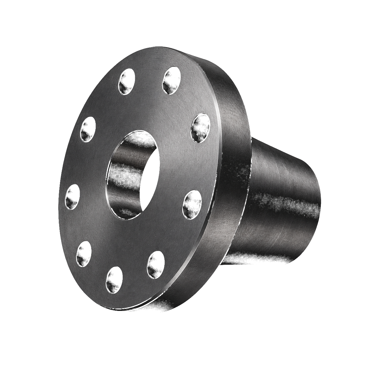 Flange com pescoço longo e cônico, face ressaltada e furos de parafusos