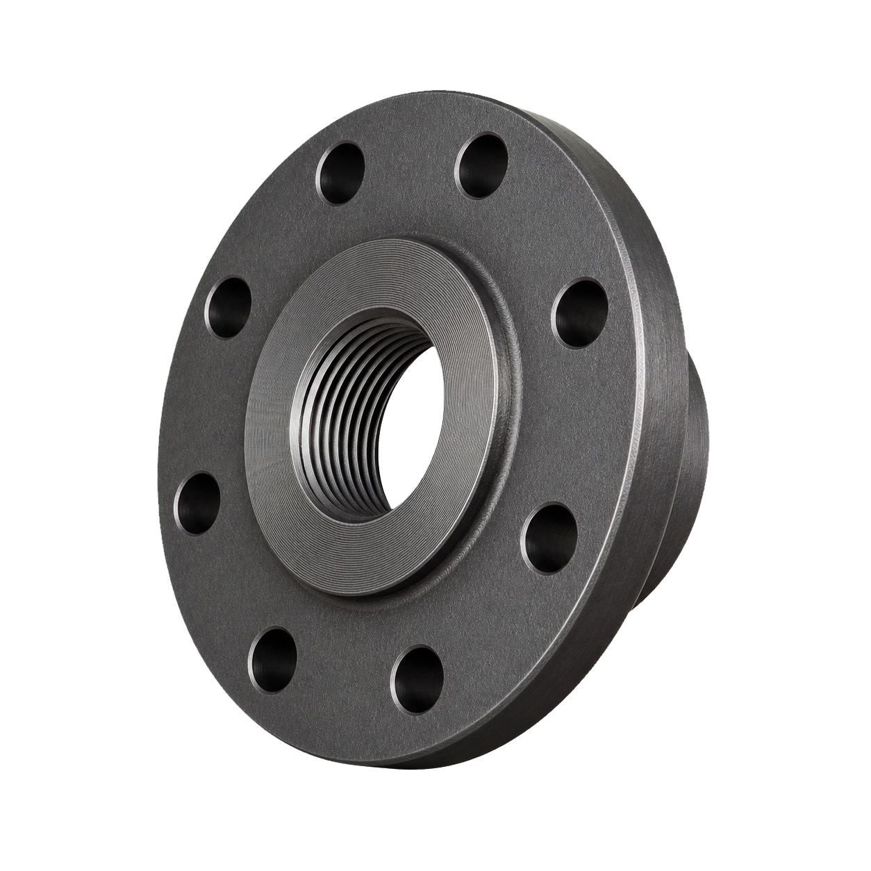 Flange roscado com rosca interna visível, cubo curto e furos de parafusos